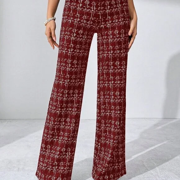 Burgundy Elegant Women's Plaid Knitted Pants - Picture 3 of 6